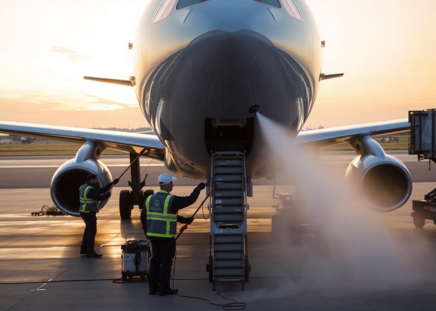 Personal rengör ett flygplan på flygplatsens platta