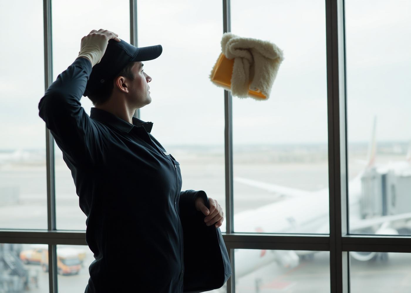 Städare torkar fönster i en flygplatsterminal